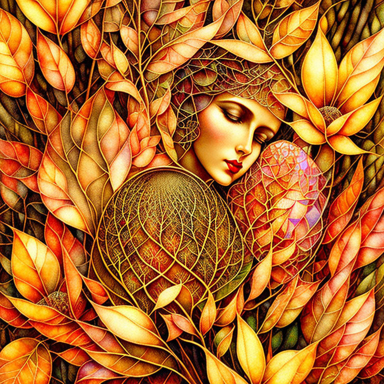 Woman with golden orb among autumn leaves and intricate headwear.