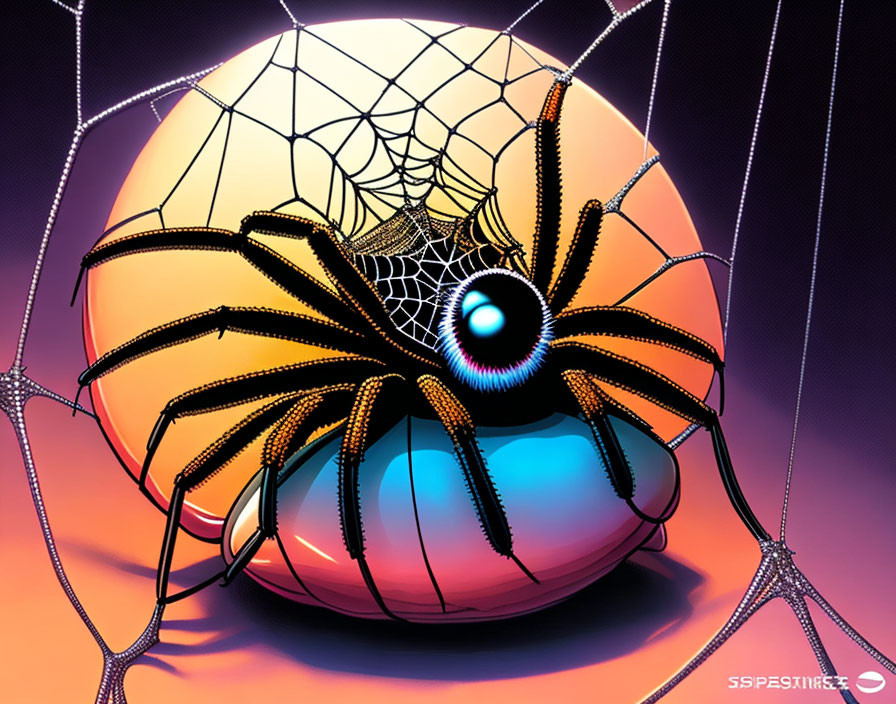 Stylized spider graphic on web orb with glowing eyes on purple-orange gradient.