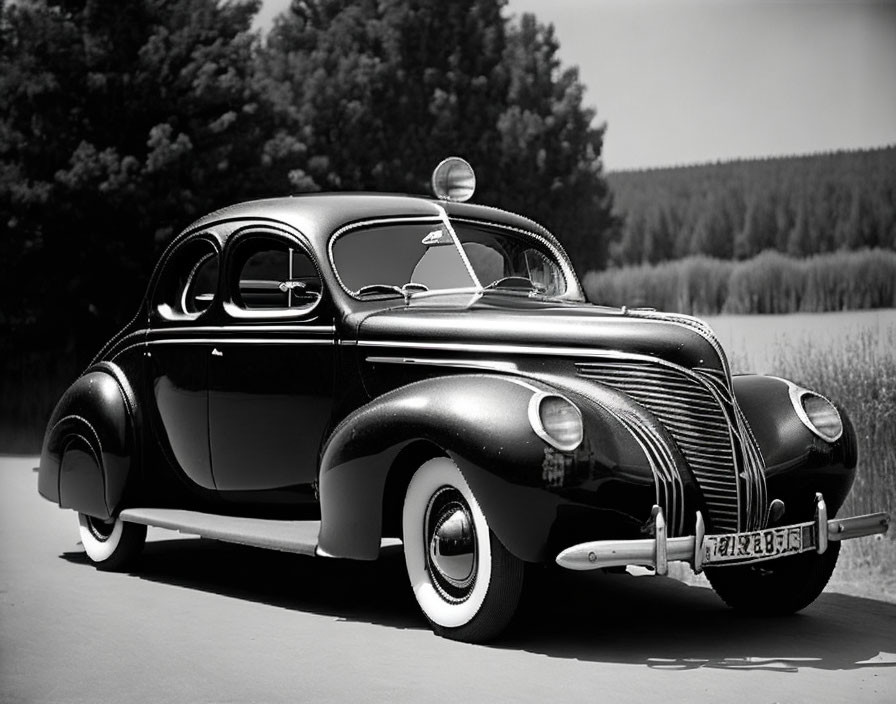 Classic Black Car Parked on Road with Trees in Monochrome Setting