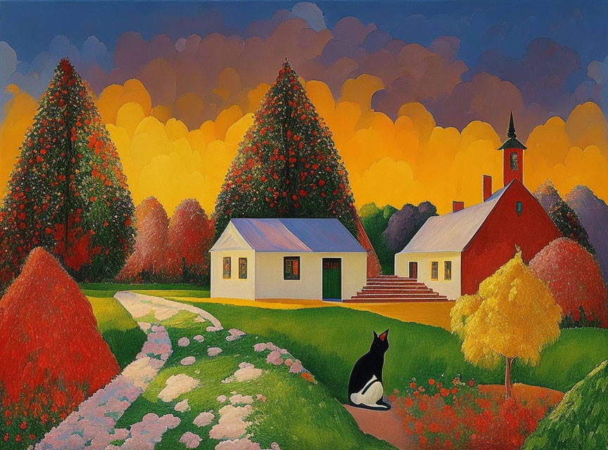 Colorful rural scene painting with black cat, winding path, houses, trees, and sunset sky.