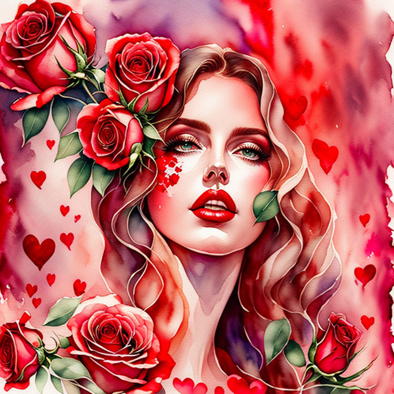 Vibrant red roses and hearts in woman's portrait with crimson watercolor.