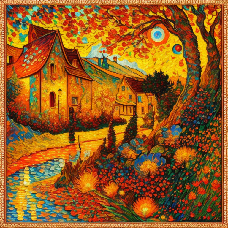 Colorful autumn village painting with swirling skies and integrated eye