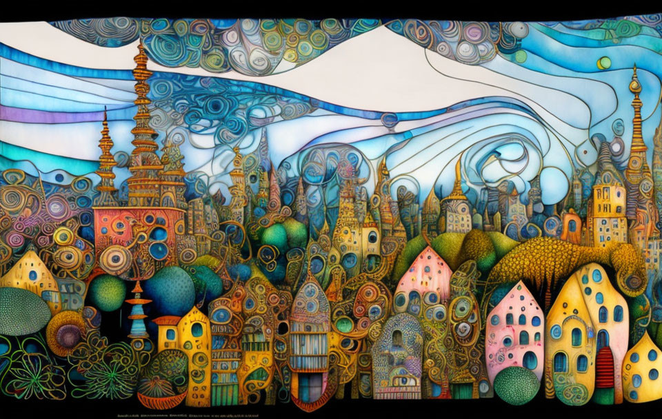 Colorful cityscape painting with swirling patterns and fantastical structures