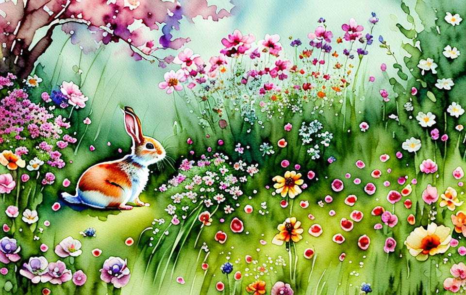 Vivid Watercolor Painting of Garden with Flowers and Rabbit