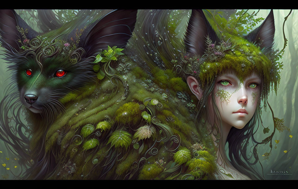 Mystical wolf-human hybrid in lush greenery with red eyes