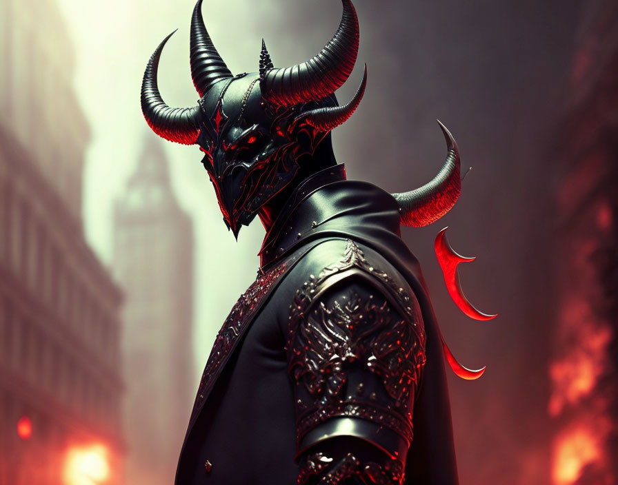 Menacing figure in black armor with horns in misty urban setting