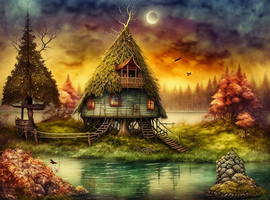 Whimsical triangular treehouse by serene lake at sunset