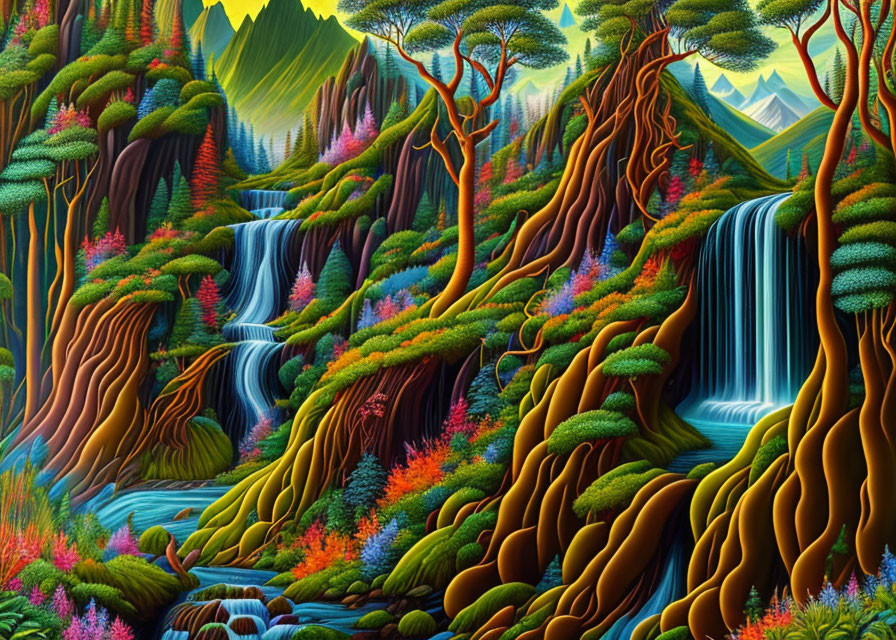 Colorful forest painting with waterfalls & lush terrain