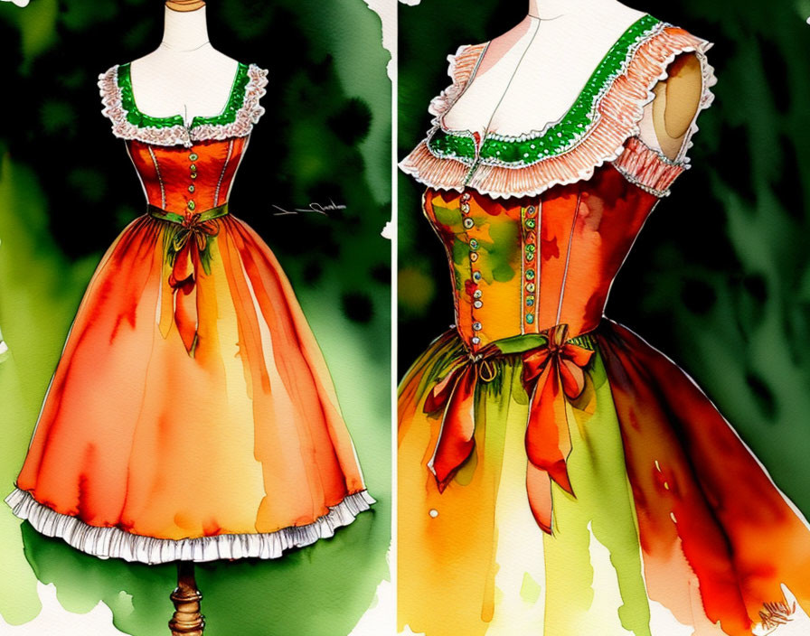 Watercolor illustrations of traditional dirndl dresses with frilly aprons