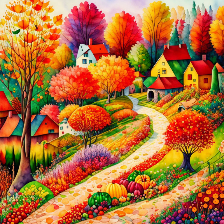 Colorful Autumnal Village Painting with Vivid Trees and Pumpkins