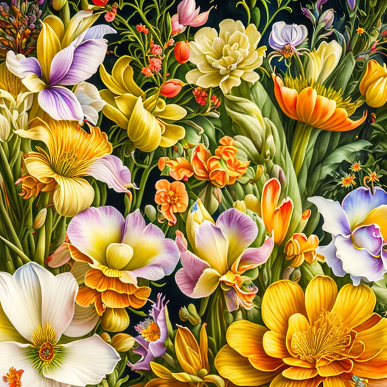 Colorful Mix of Blossoming Flowers in Yellows, Oranges, Purples, and