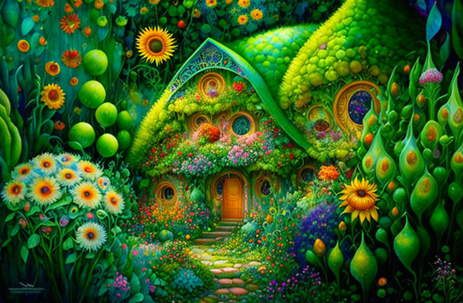 Colorful Painting of Whimsical Cottage and Fantastical Gardens