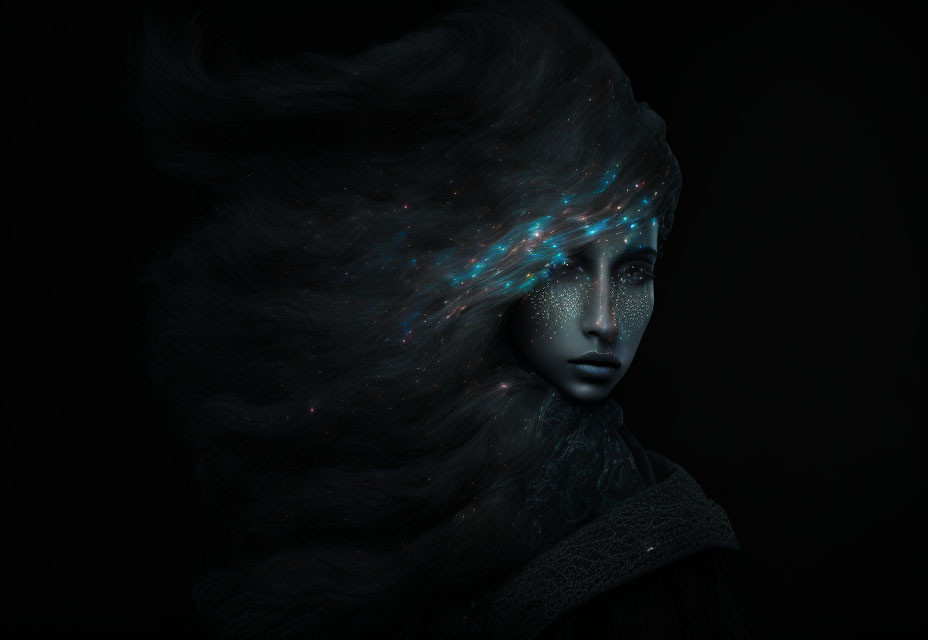 Portrait of person with starry night sky hair and skin against dark background