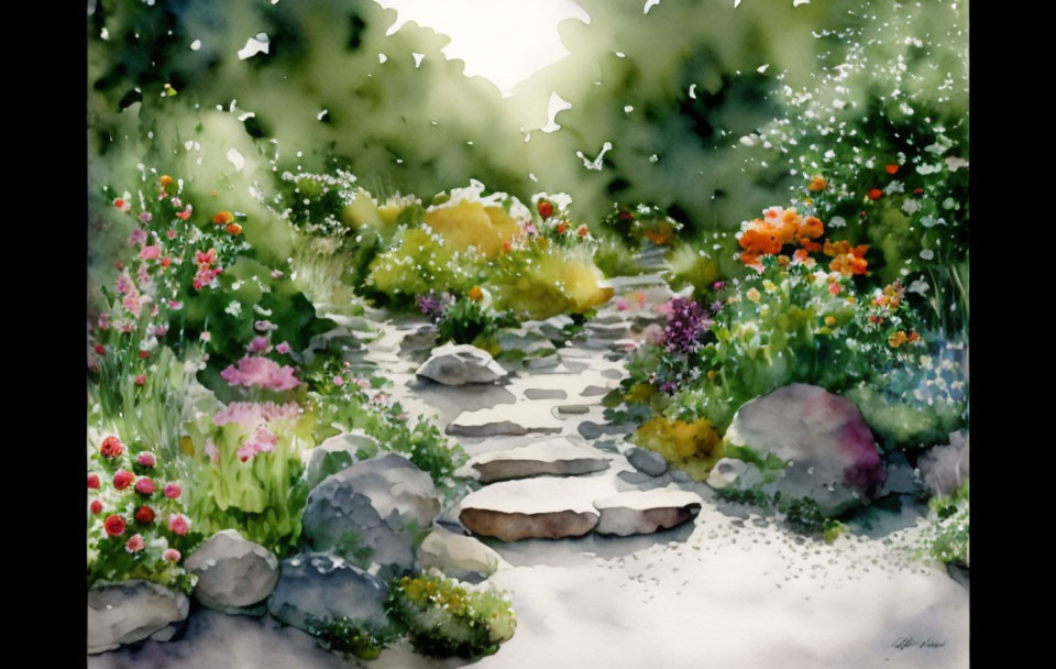 Lush garden path watercolor painting with vibrant flowers and stones