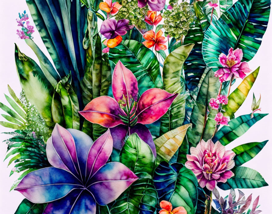 Colorful Tropical Plants Illustration with Green Leaves and Vibrant Flowers