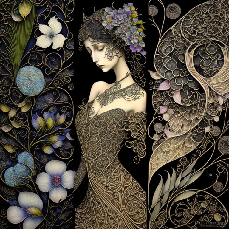 Intricate floral patterns on woman with mythical aura