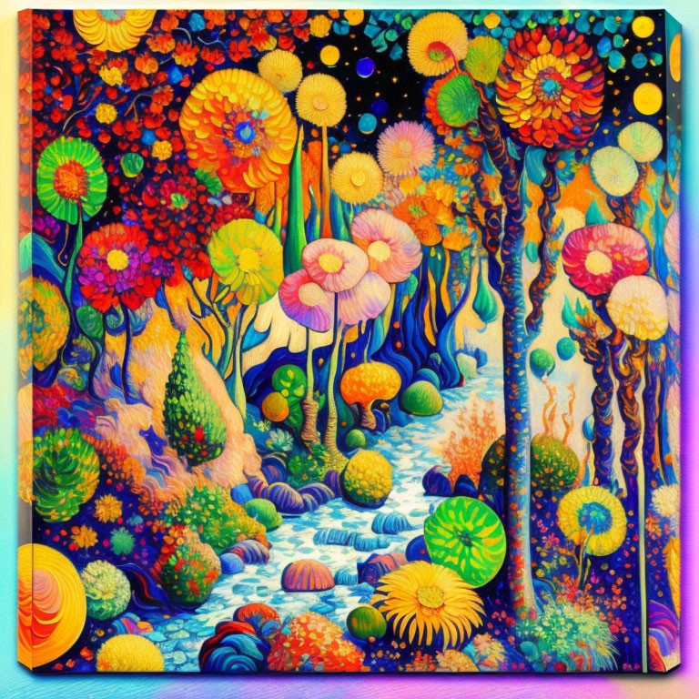 Colorful Psychedelic Forest Painting with River