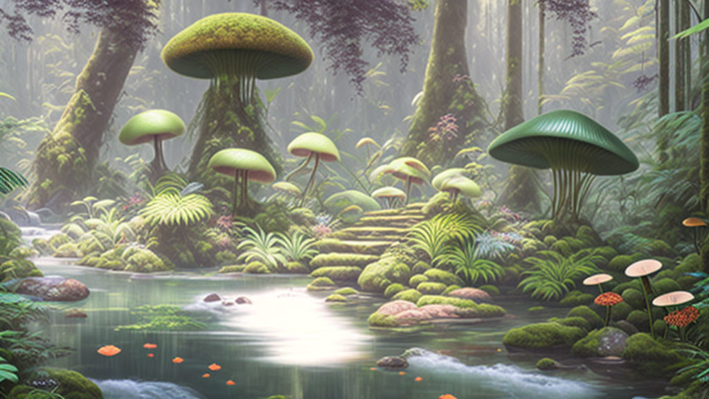 Mystical forest with oversized mushrooms, lush greenery, and gentle stream.