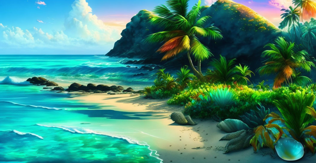 Tropical beach with palm trees, blue waters, and rocky hill