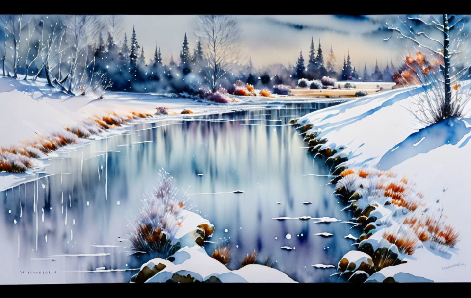 Snow-covered winter landscape with calm river and bare trees