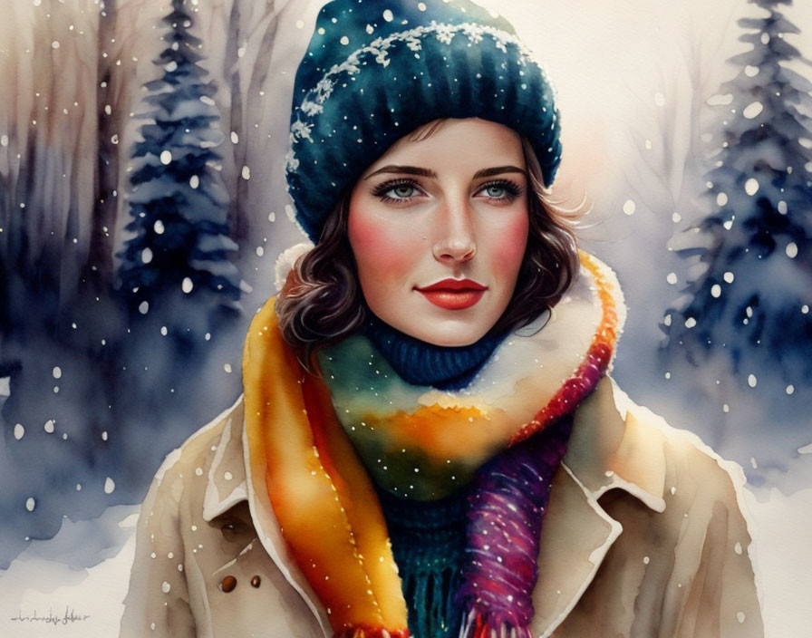 Portrait of a woman in winter attire with scarf and blue hat in snowy forest