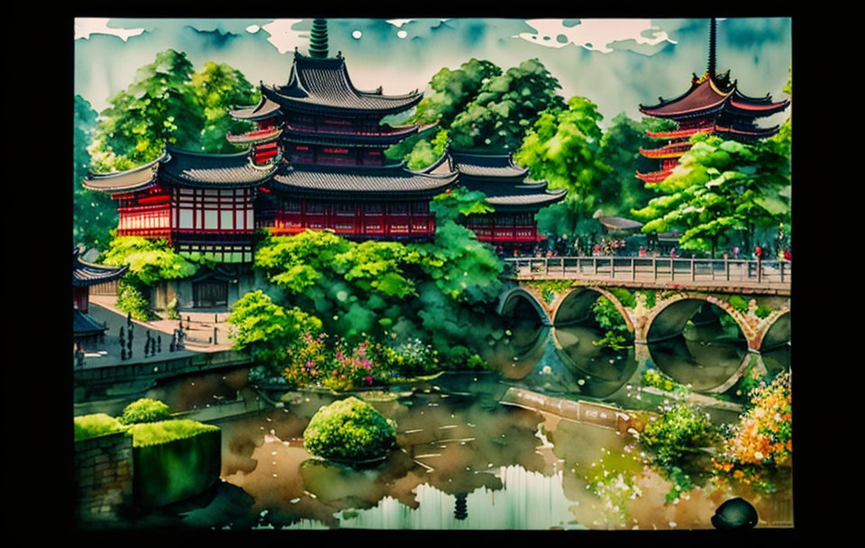 Traditional Japanese temple with pagoda roofs near calm pond surrounded by lush greenery