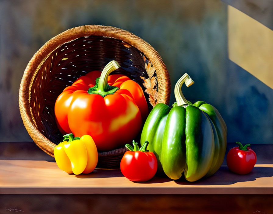 Vibrant hyper-realistic painting of bell peppers and tomatoes on wooden surface