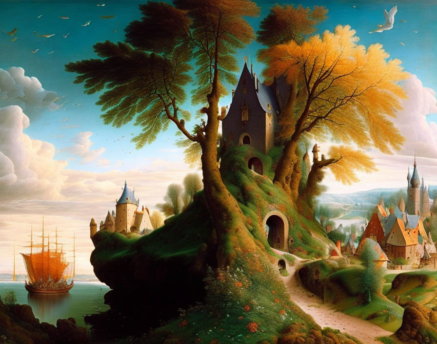 Fantastical landscape with large tree, castle, village, and sailing ship