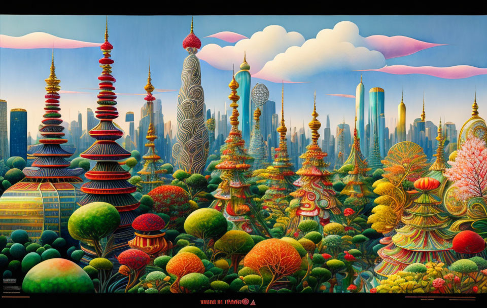 Colorful Asian cityscape with modern skyscrapers and traditional pagodas amidst vibrant trees and pink