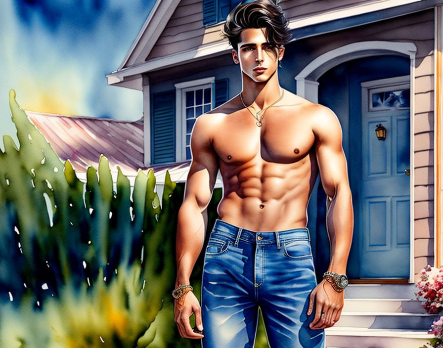 Shirtless male animated character with abs in jeans by house