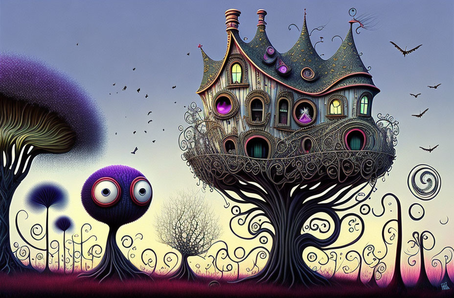 Colorful, ornate house on tree-like structure with fantastical flora and wide-eyed creature