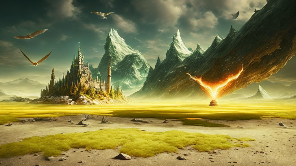 Fantastical landscape with glowing portal, soaring birds, majestic castle, and inverted mountains