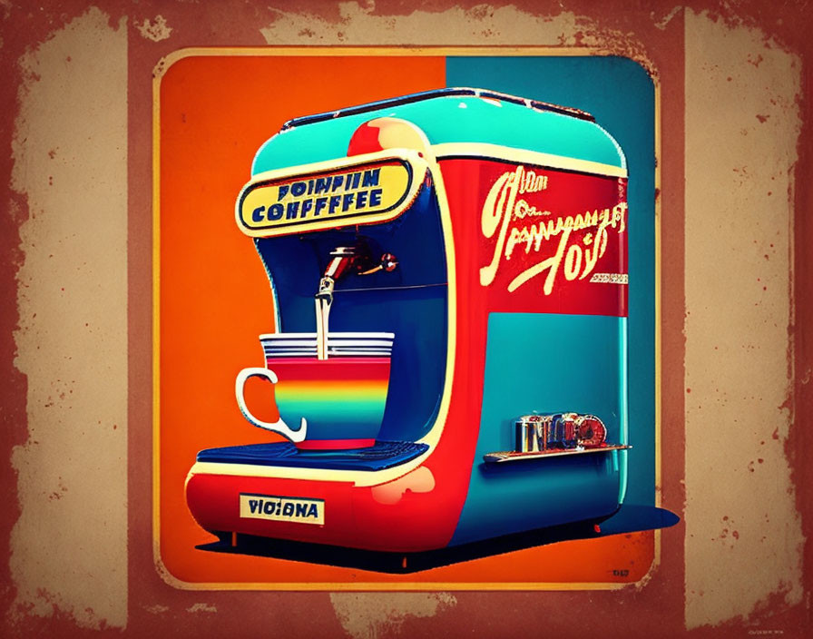 Illustration of Vintage-Style Espresso Machine in Blue and Red Dispensing Coffee on Retro Brown Background