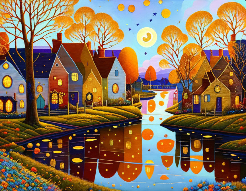 Colorful village painting: houses reflecting in water at twilight