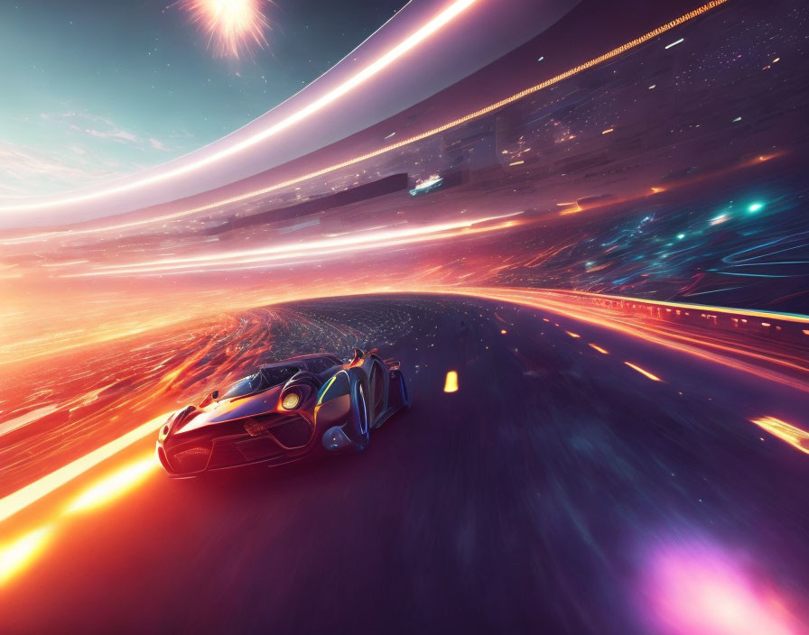 Futuristic sports car on neon-lit road with cosmic background