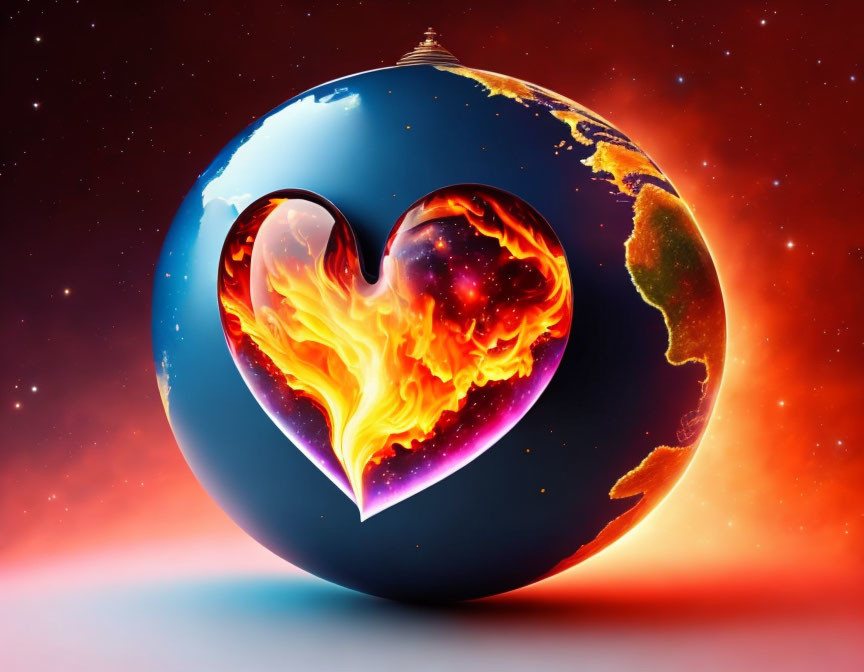 Digital artwork: Heart-shaped cutout in fiery globe against celestial backdrop