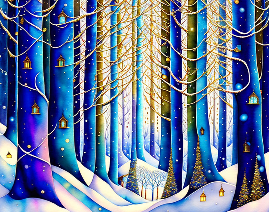 Vibrant blue trees in whimsical winter forest scene