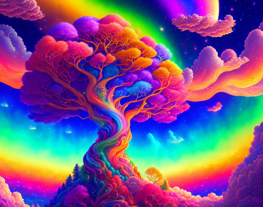 Colorful psychedelic tree against cosmic sky with stars and comets