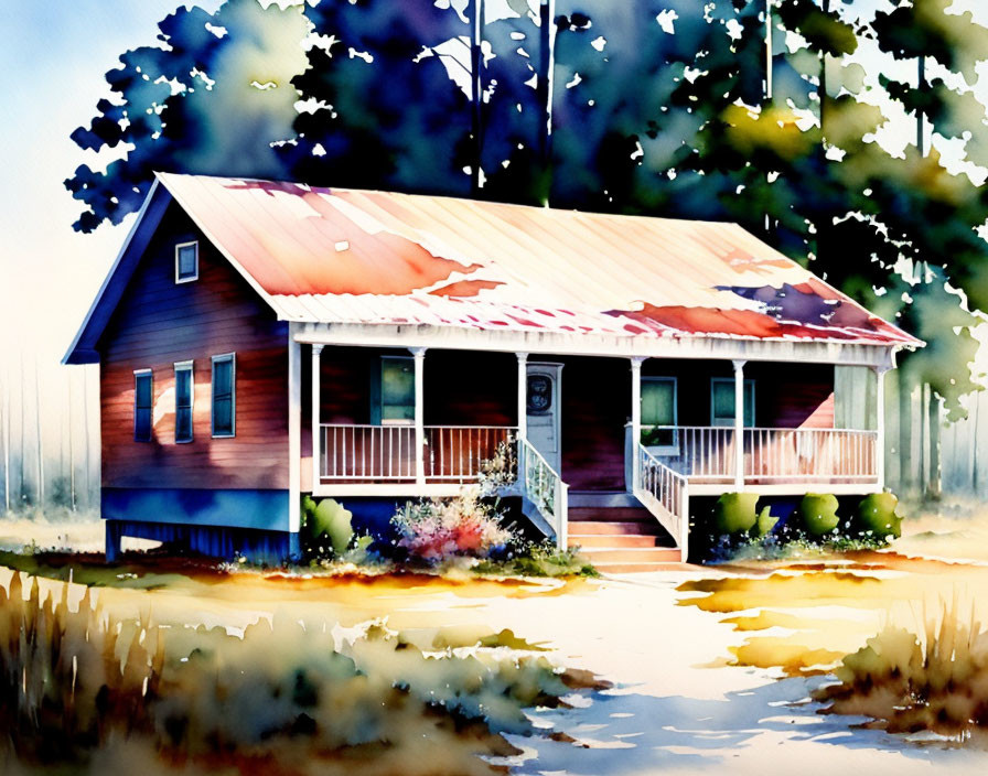 Colorful watercolor painting of a blue house with red roof and porch, surrounded by trees and mist