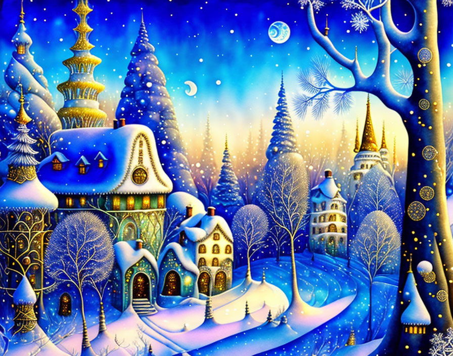 Snow-covered winter village with glowing lights under starry sky