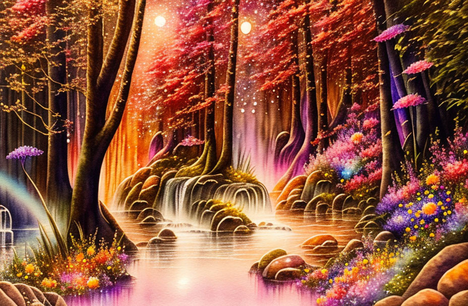 Colorful Landscape Painting: Serene River, Waterfalls, Starry Sky, Two Moons