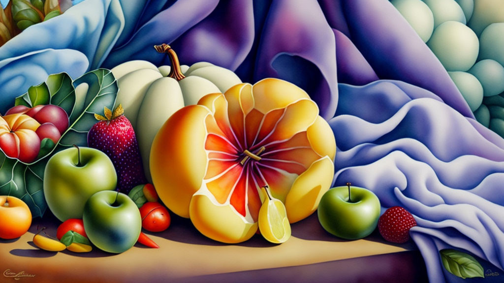 Vibrant still-life painting with apples, citrus, and blue fabric