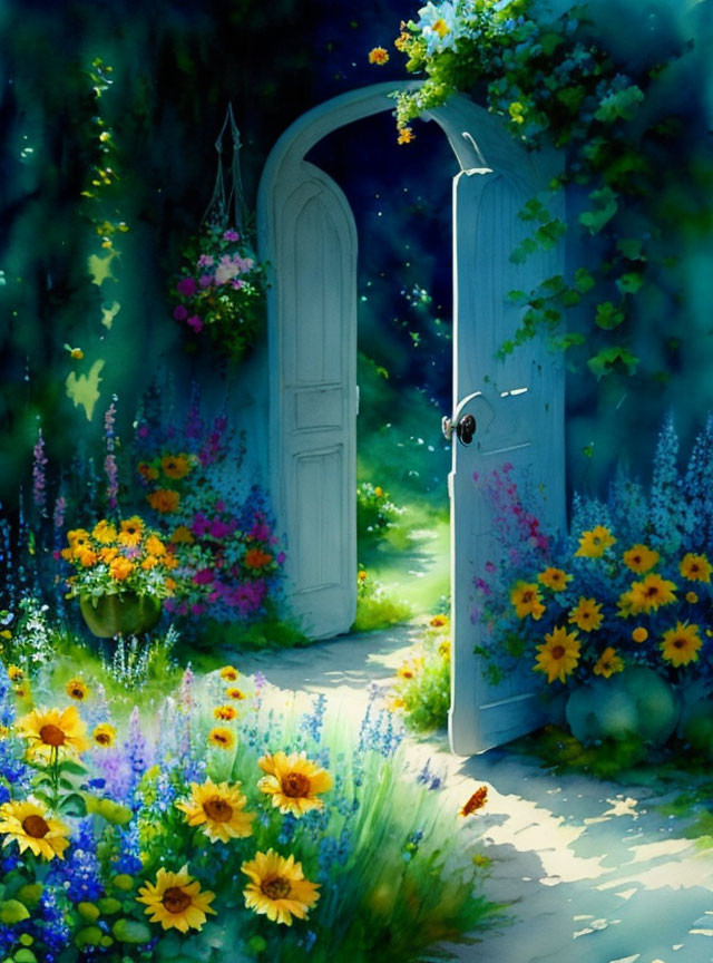 Lush garden with vibrant flowers and open door