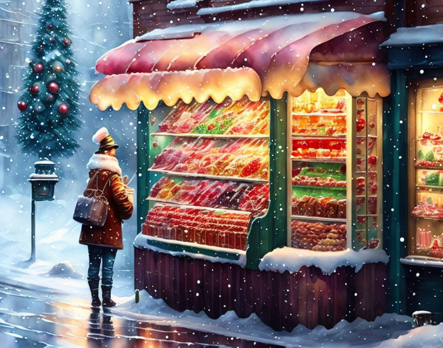 Person in Winter Attire Admiring Festive Candy Shop at Nightfall