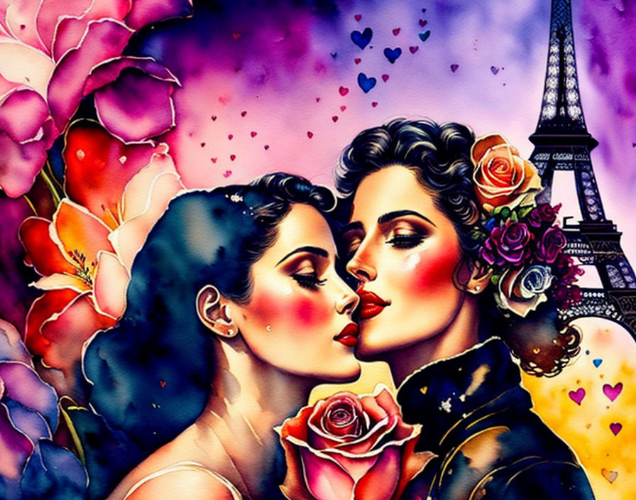 Romantic watercolor art: Two women with Eiffel Tower, flowers, hearts