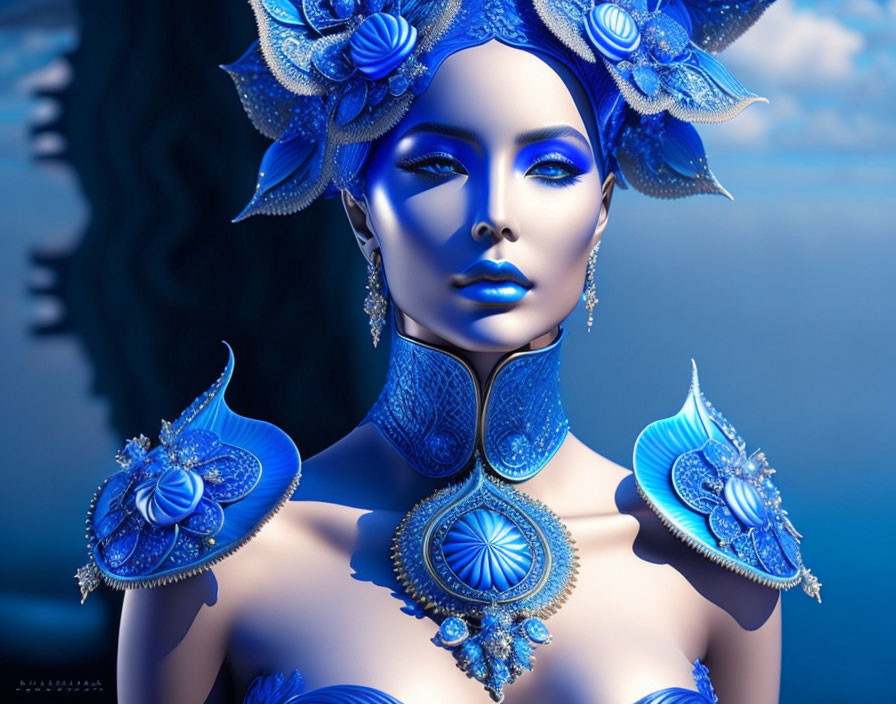 Vibrant Blue Woman with Floral Headpiece on Blue Background