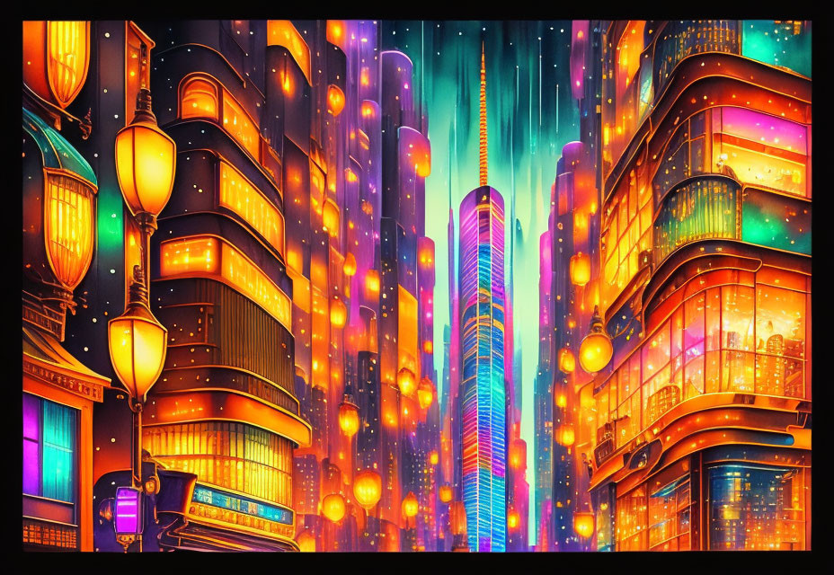 Colorful neon-lit cityscape with skyscrapers and floating lanterns