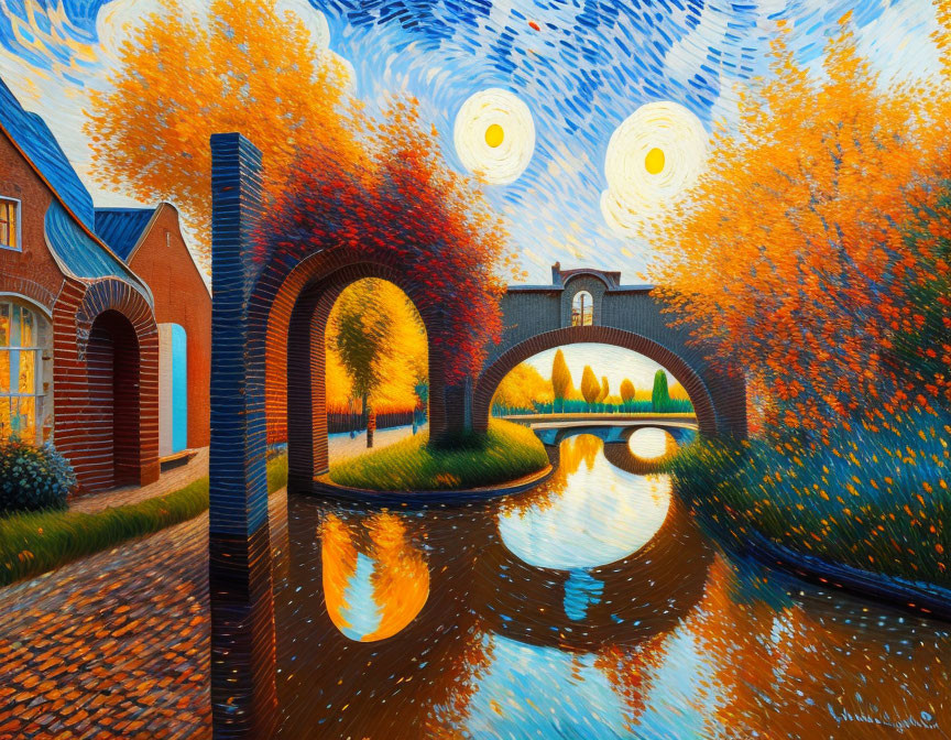 Autumnal canal scene with swirling Van Gogh-inspired skies