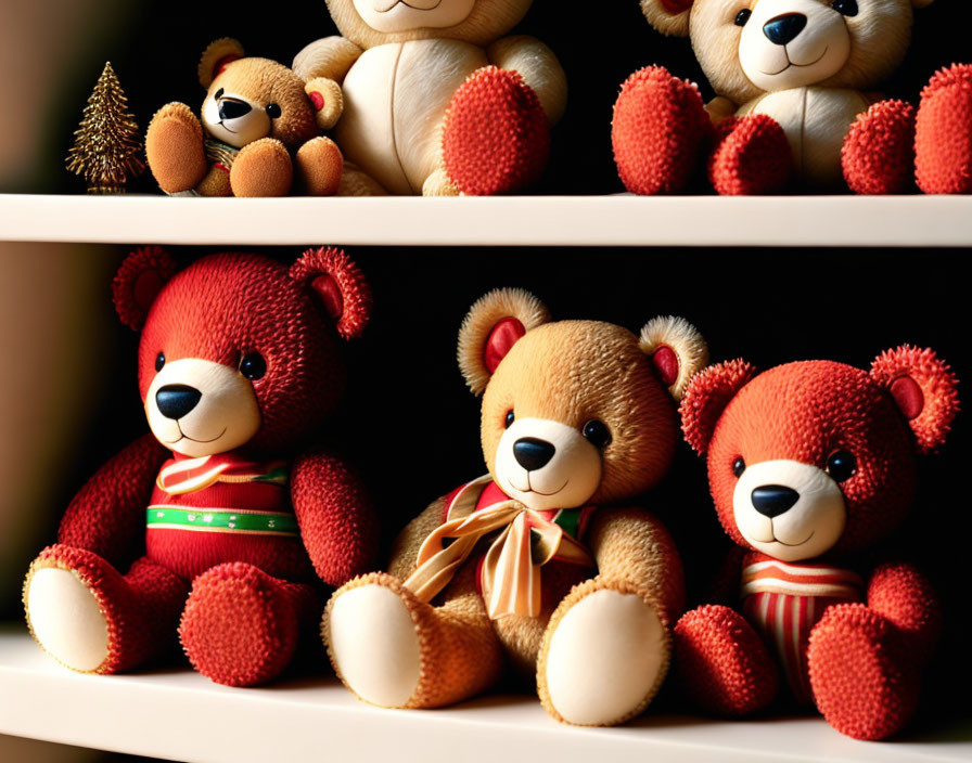 Red Fur Plush Teddy Bears on White Shelves