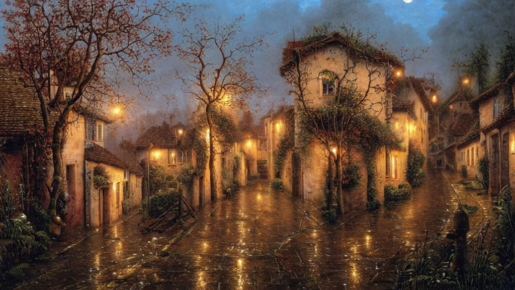 Quaint village cobblestone street at dusk with luminous windows